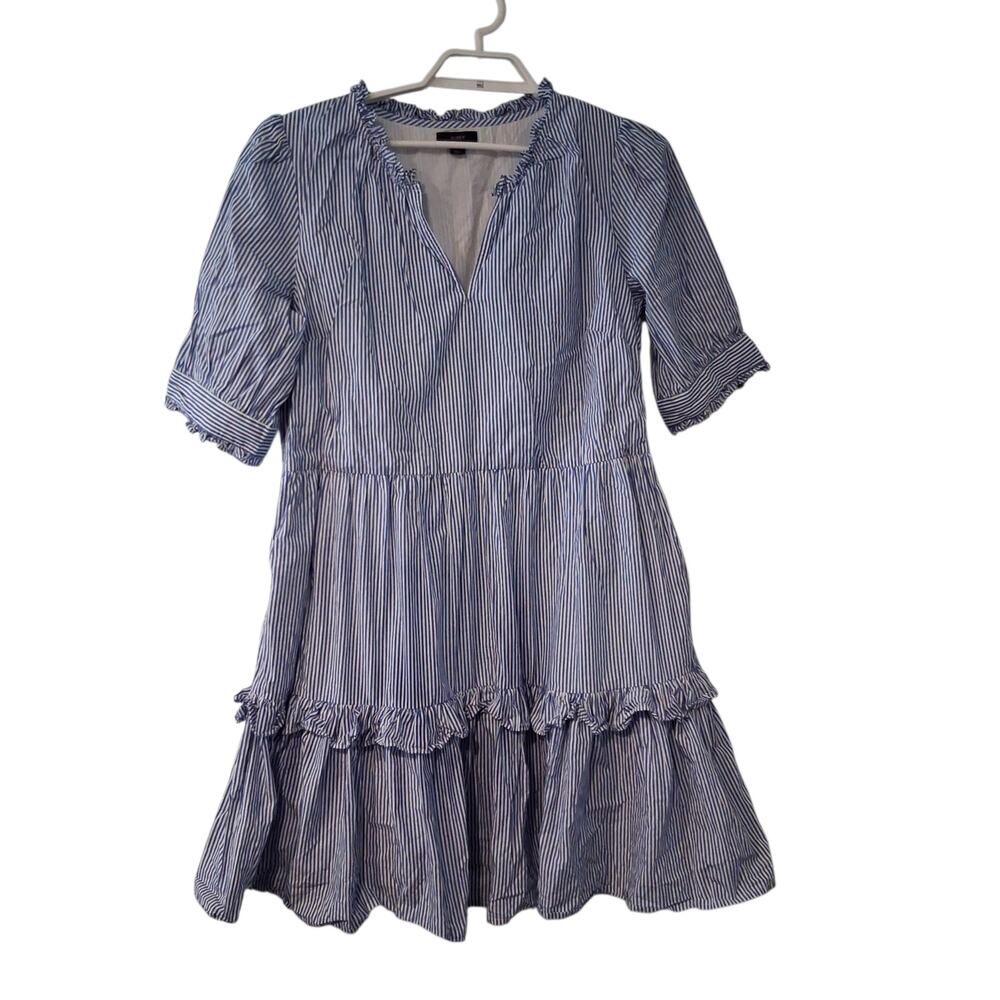 J Crew ruffleneck tiered popover dress womens Large blue white striped pockets